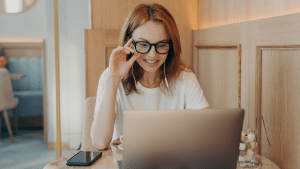 A woman enjoying her work-from-home setup