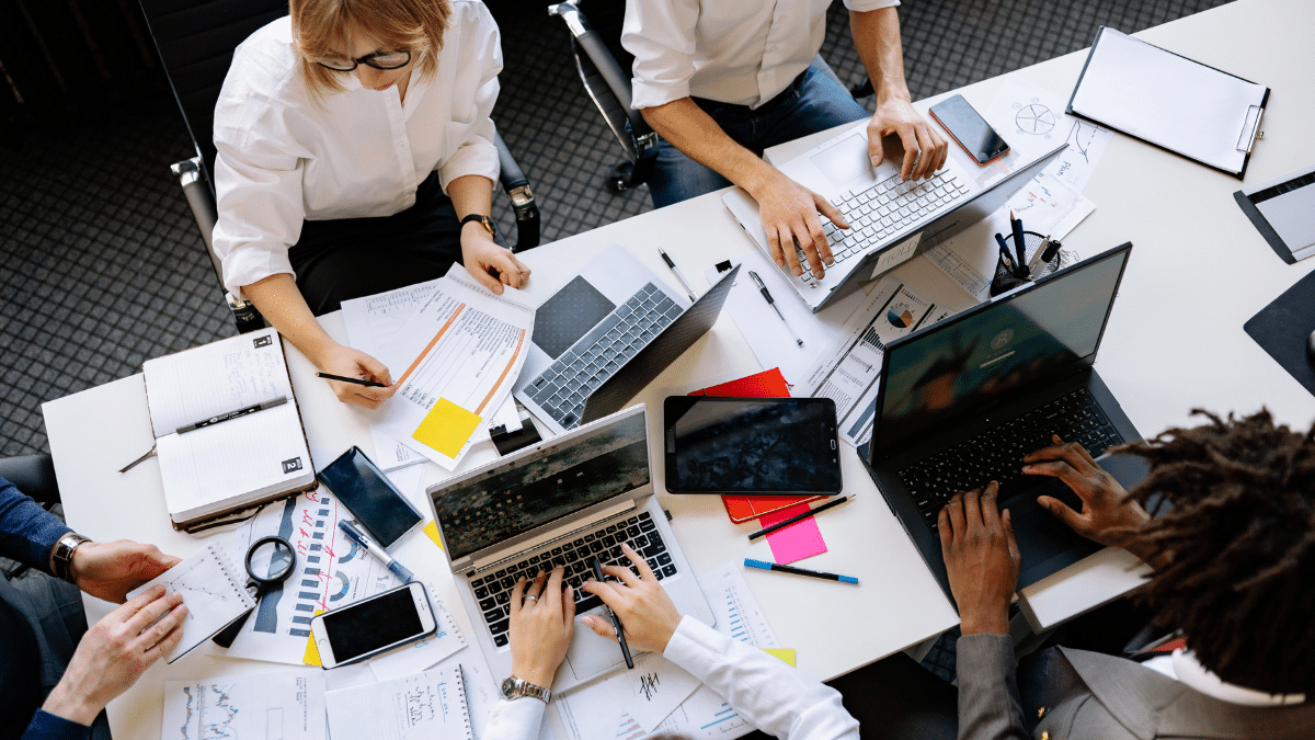 A group of employees in a coworking space